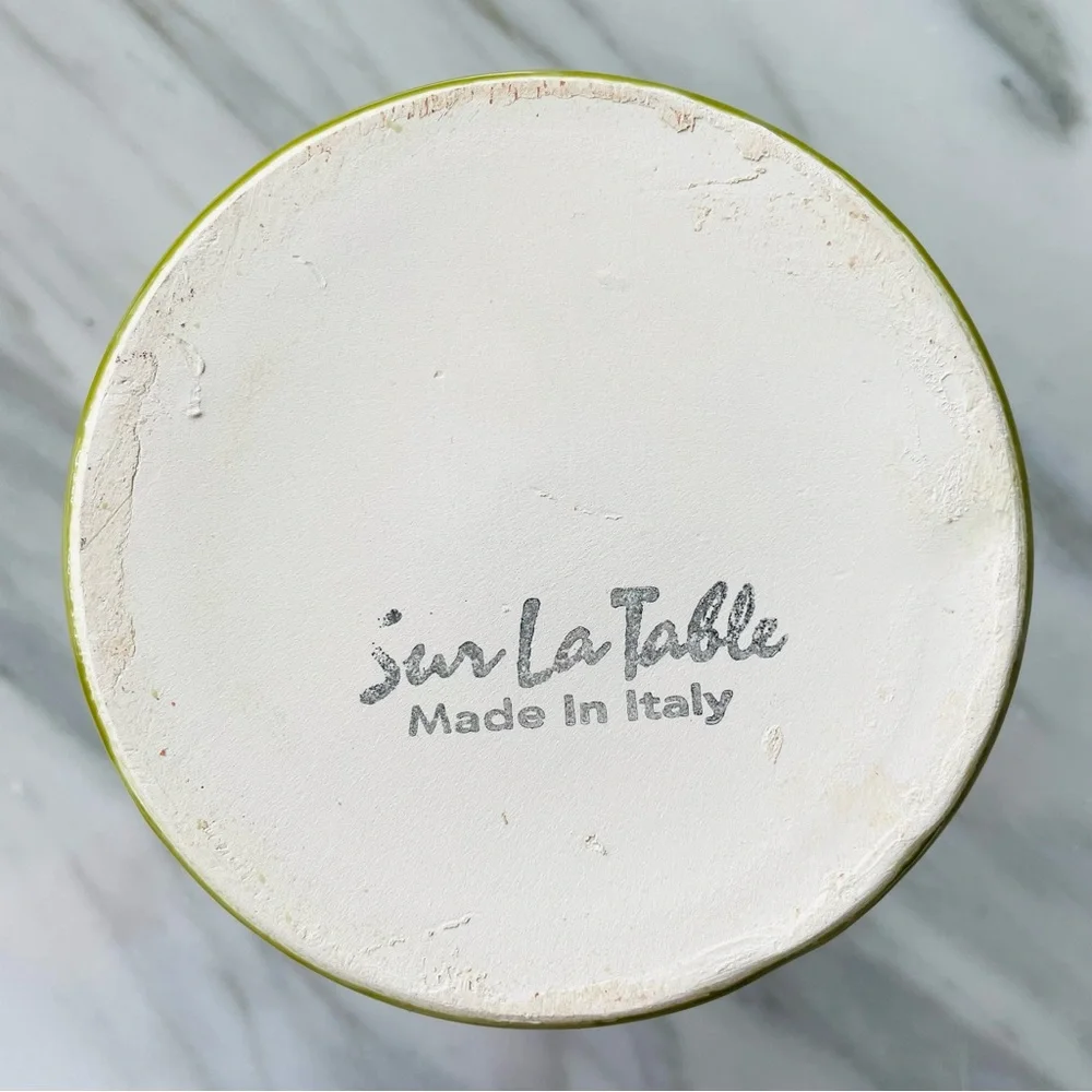 Sur La Table•5” Serving Pitcher•Hand-Painted•Olive Green~Butter Yellow Interior